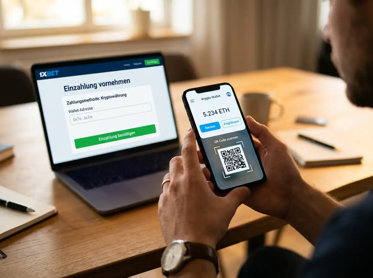 Ethereum-Wallet-Einzahlung bei einem Sportwetten-Anbieter mit Smartphone und Laptop